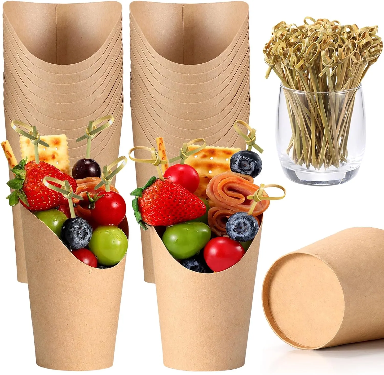 12Oz Charcuterie Cup Set, 24 Pcs Cups with 100 Pcs Coctail Picks, French Fry Holder and Bamboo Knot Skewers, Handheld Party Appetizer Kit, Disposable Kraft Paper Snack Box Container, Take Out Cones