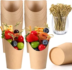 12Oz Charcuterie Cup Set, 24 Pcs Cups with 100 Pcs Coctail Picks, French Fry Holder and Bamboo Knot Skewers, Handheld Party Appetizer Kit, Disposable Kraft Paper Snack Box Container, Take Out Cones