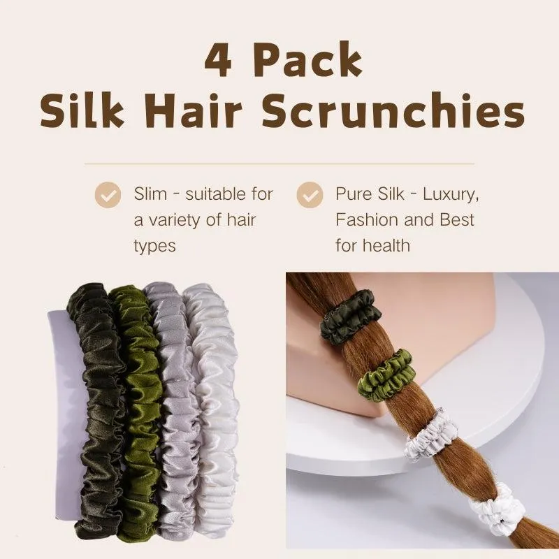 4 Pack Skinny Silk Scrunchies - Army Green - dropshipping