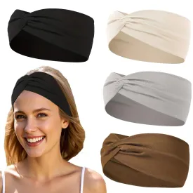 4PCS Thick Headbands for Women Knotted Headband Wide Cloth Fabric Cute Stretchy Soft Twist Headbands Womens Fashion Head Bands for Women's Hair Accessories Black Grey