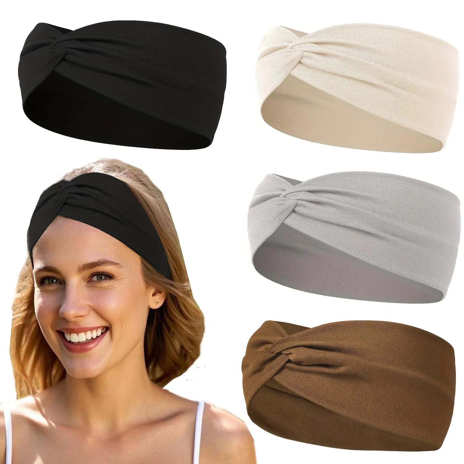 4PCS Thick Headbands for Women Knotted Headband Wide Cloth Fabric Cute Stretchy Soft Twist Headbands Womens Fashion Head Bands for Women's Hair Accessories Black Grey