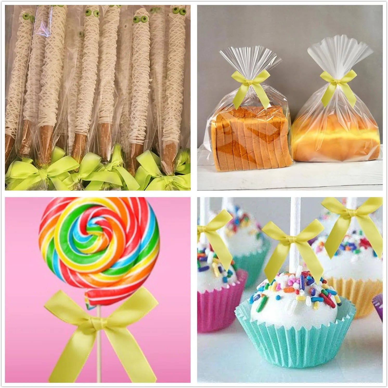 60 PCS 3 Inch Yellow Twist Tie Bows for Treat Bags, Twist Ties with Bows, Satin Twist Tie Bows for Cake Pop, Pretied Bows with Twist Ties, Bow Ties for Gift Bags, Cookie Bags, Popcorn Bags