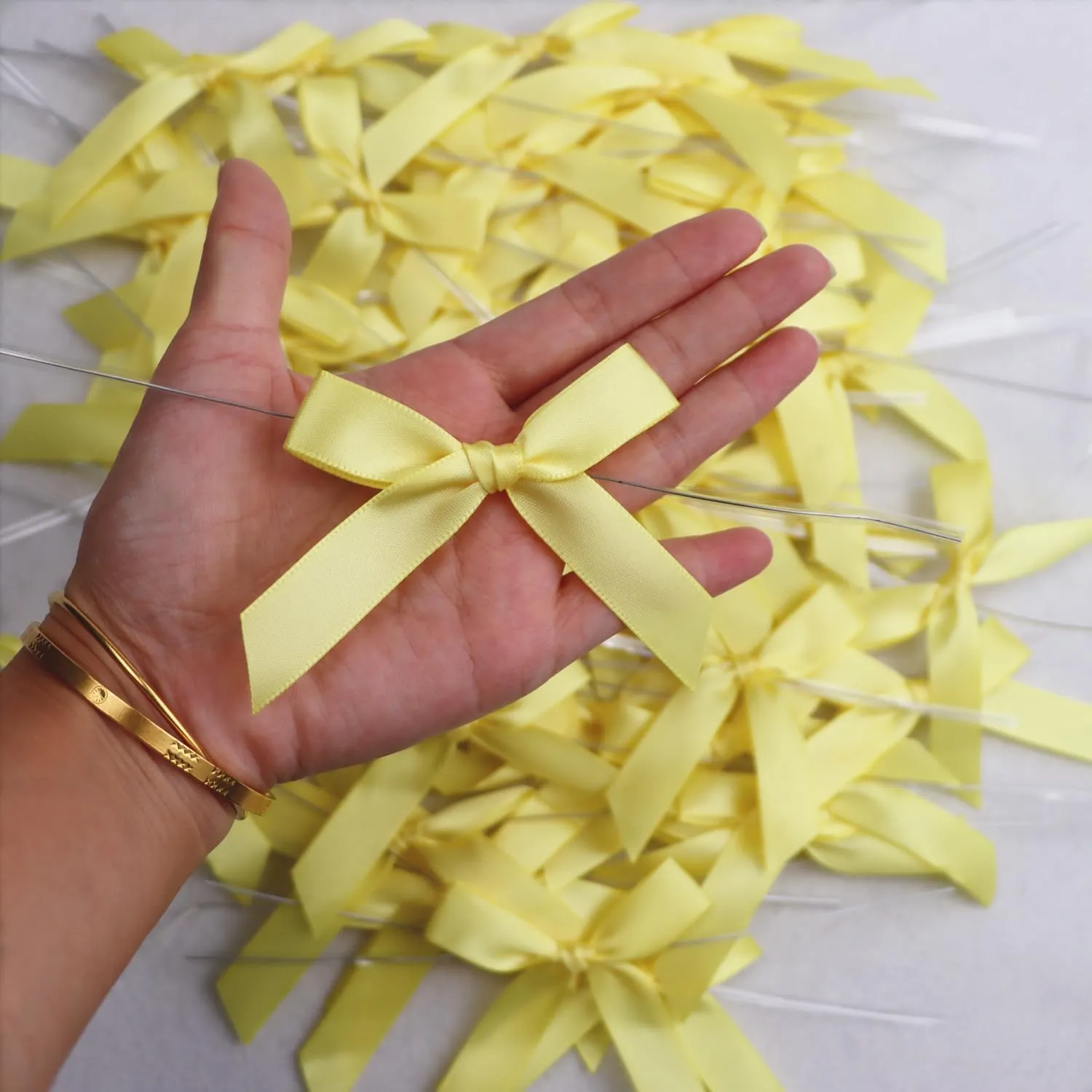 60 PCS 3 Inch Yellow Twist Tie Bows for Treat Bags, Twist Ties with Bows, Satin Twist Tie Bows for Cake Pop, Pretied Bows with Twist Ties, Bow Ties for Gift Bags, Cookie Bags, Popcorn Bags