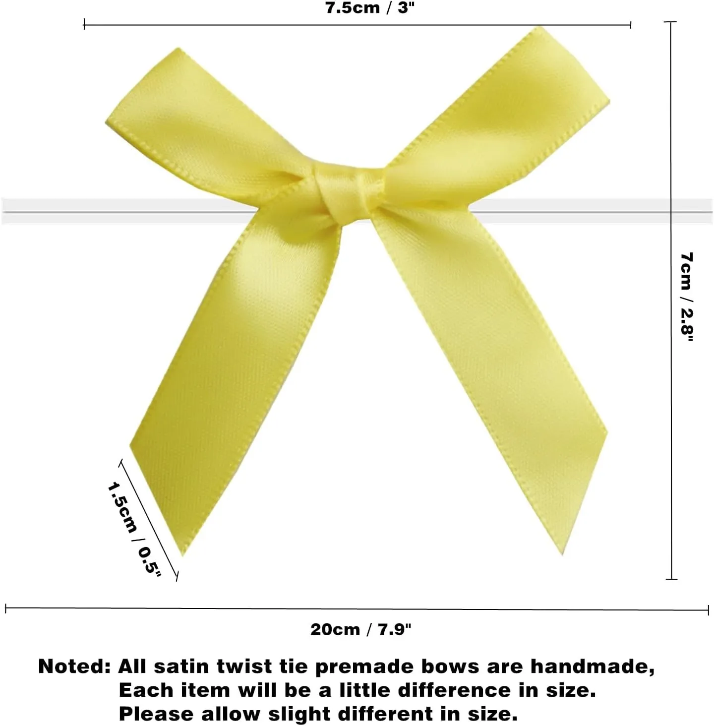 60 PCS 3 Inch Yellow Twist Tie Bows for Treat Bags, Twist Ties with Bows, Satin Twist Tie Bows for Cake Pop, Pretied Bows with Twist Ties, Bow Ties for Gift Bags, Cookie Bags, Popcorn Bags