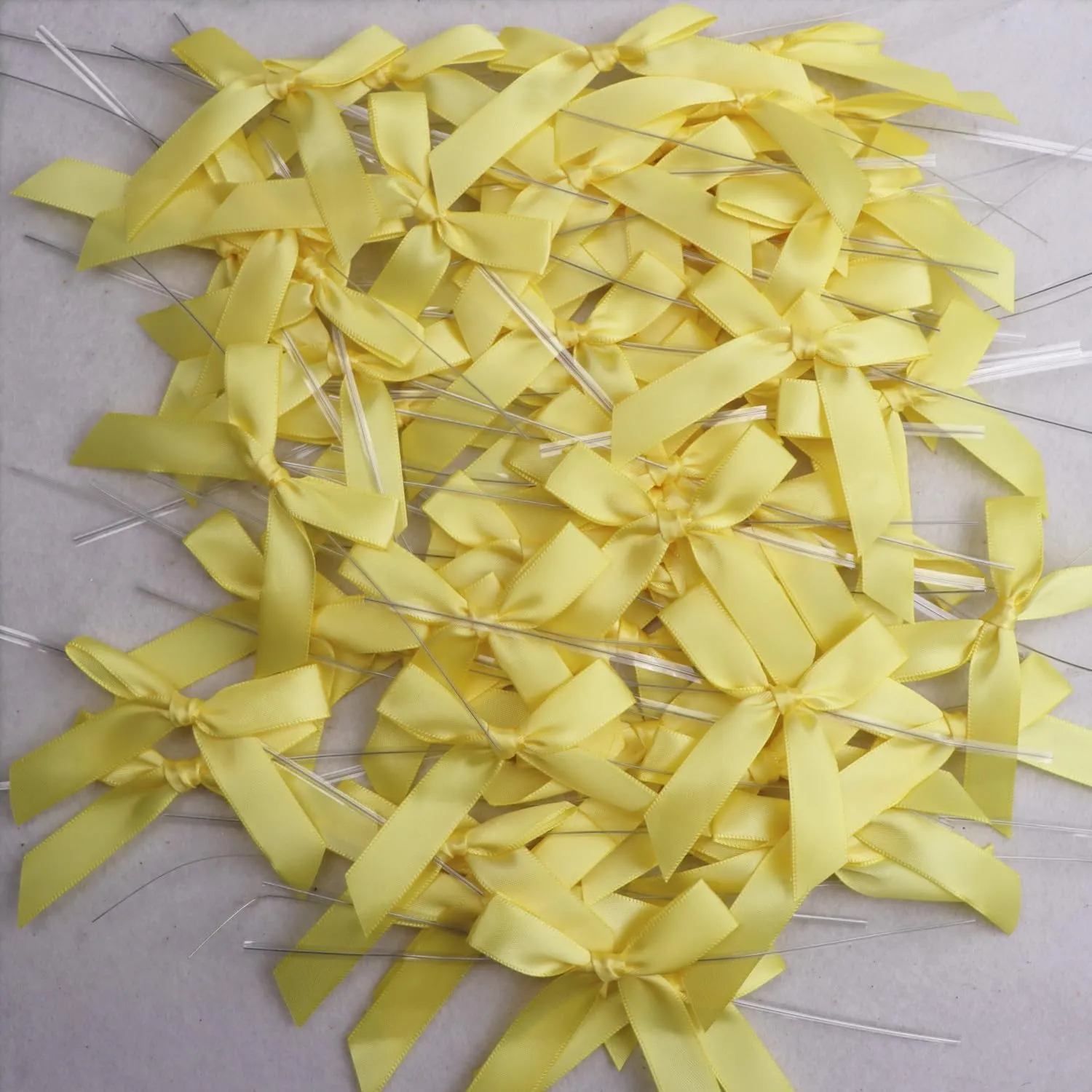60 PCS 3 Inch Yellow Twist Tie Bows for Treat Bags, Twist Ties with Bows, Satin Twist Tie Bows for Cake Pop, Pretied Bows with Twist Ties, Bow Ties for Gift Bags, Cookie Bags, Popcorn Bags