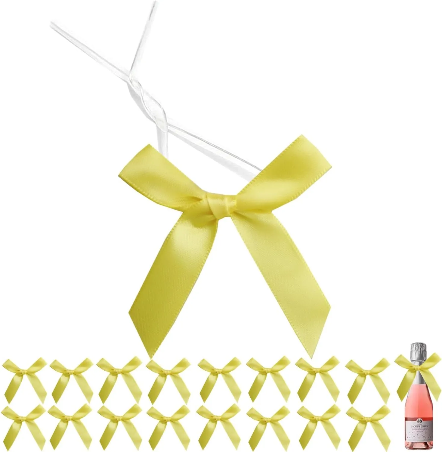 60 PCS 3 Inch Yellow Twist Tie Bows for Treat Bags, Twist Ties with Bows, Satin Twist Tie Bows for Cake Pop, Pretied Bows with Twist Ties, Bow Ties for Gift Bags, Cookie Bags, Popcorn Bags