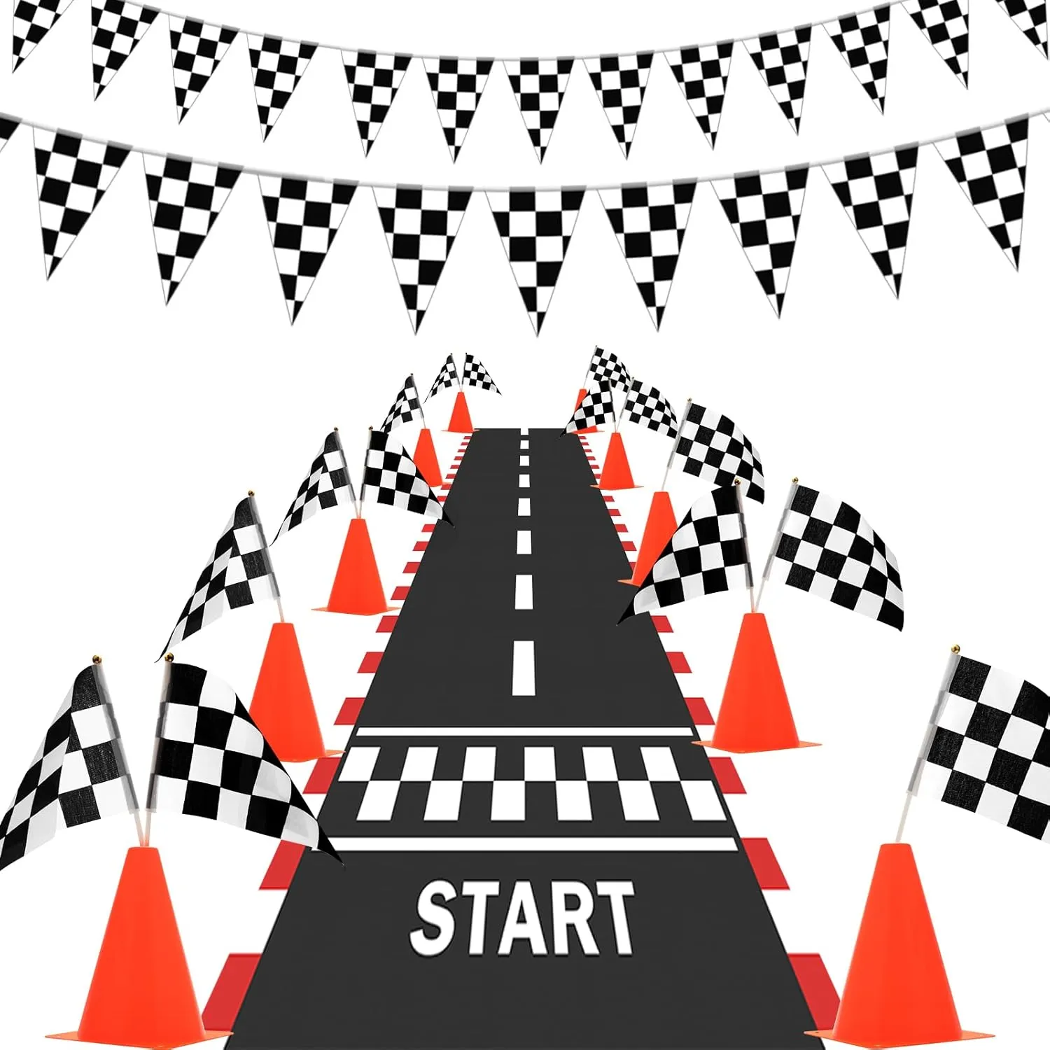 AHIER 38 Pcs Traffic Cones and Racing Flags Set - 12 Plastic Cones With Hole, 24 Checkered Flags With Sticks, 6.5Ft Racetrack Floor Runner and 9.8ft Race Track Banner