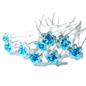 AKOAK 20 Pcs/Lot Women Wedding Bridal Clear Crystal Rhinestone Rose Flower Hair Pin Clips Hair Accessories Jewelry Barrettes HeadwearLight Blue