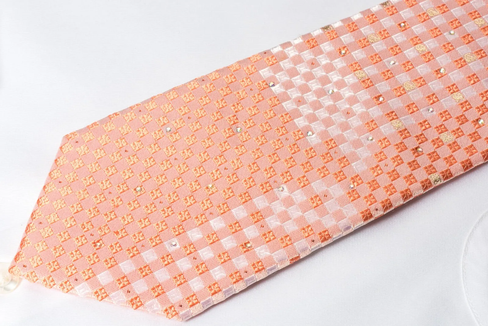 Austin Reed Rhinestone Necktie Peach Checker With Silver Sparkles