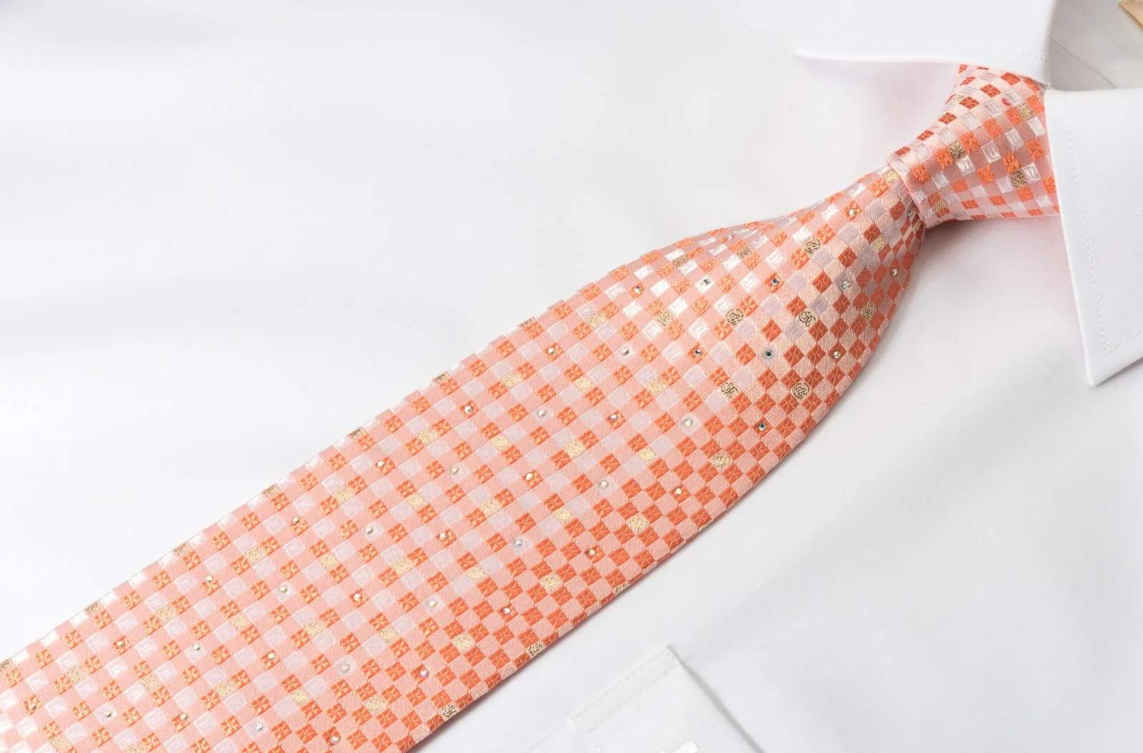 Austin Reed Rhinestone Necktie Peach Checker With Silver Sparkles