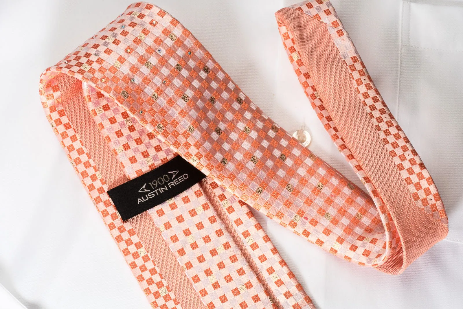 Austin Reed Rhinestone Necktie Peach Checker With Silver Sparkles