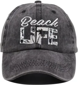 Beach Life Hat, Beach Hair Don't Care Baseball Cap Vintage Embroidered Adjustable Distressed Washed for Men Women