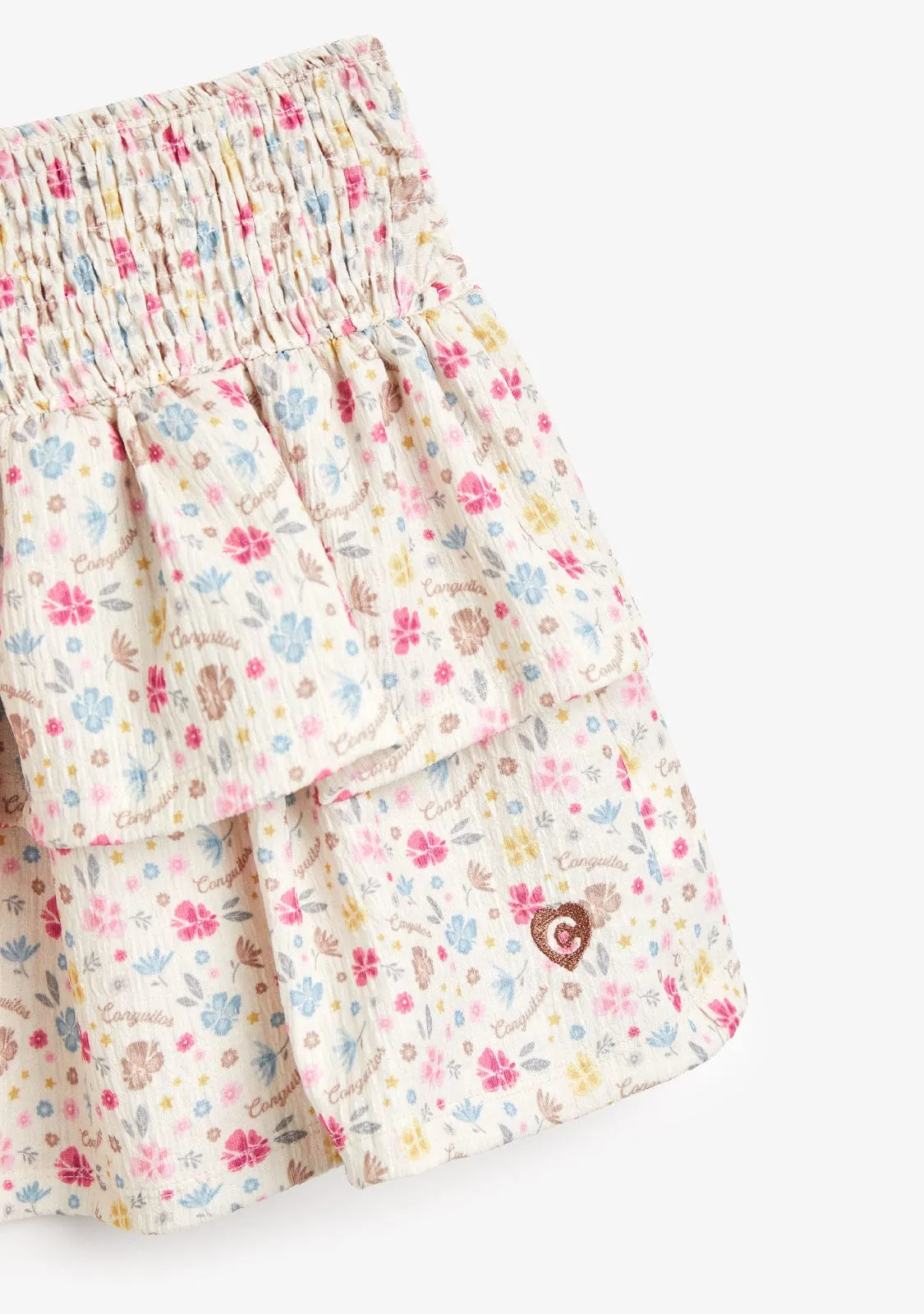 Beige Flowers Ruffles Skirt