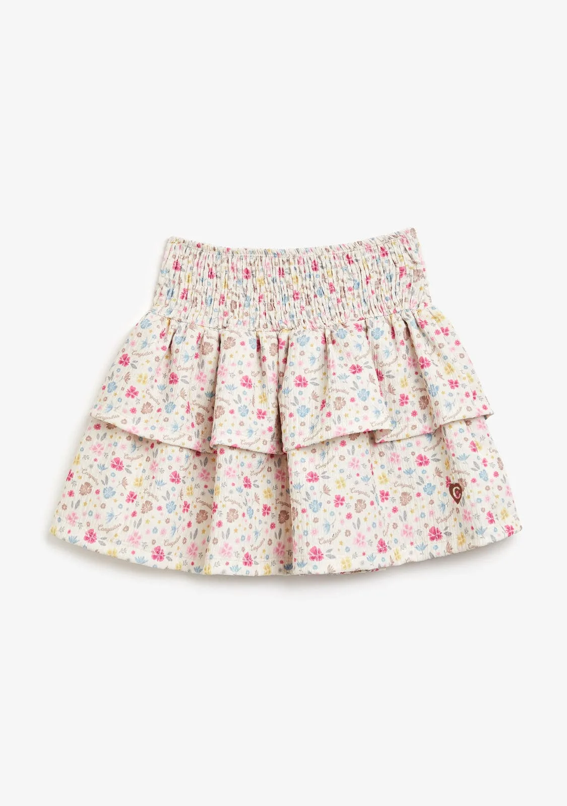 Beige Flowers Ruffles Skirt