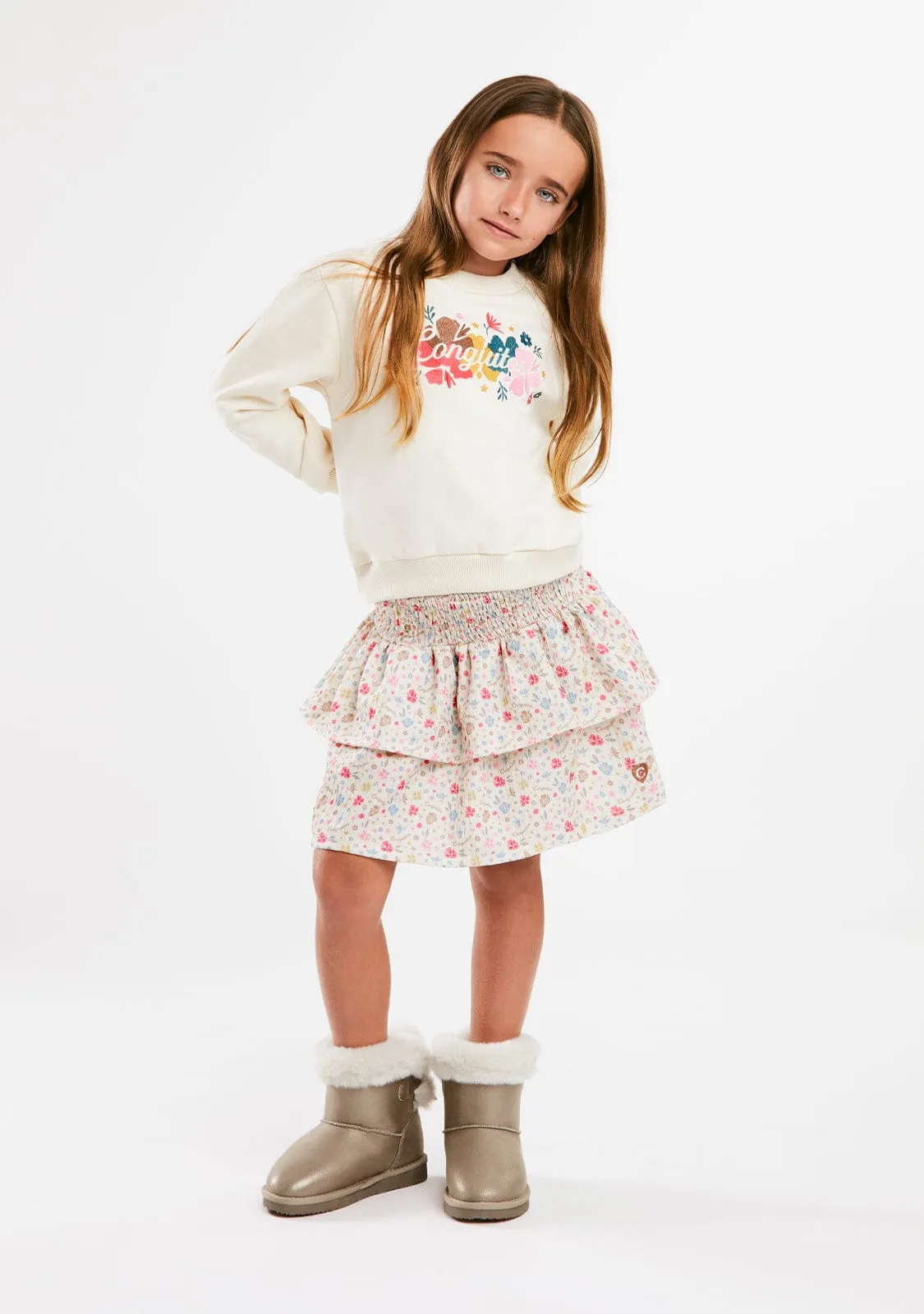 Beige Flowers Ruffles Skirt
