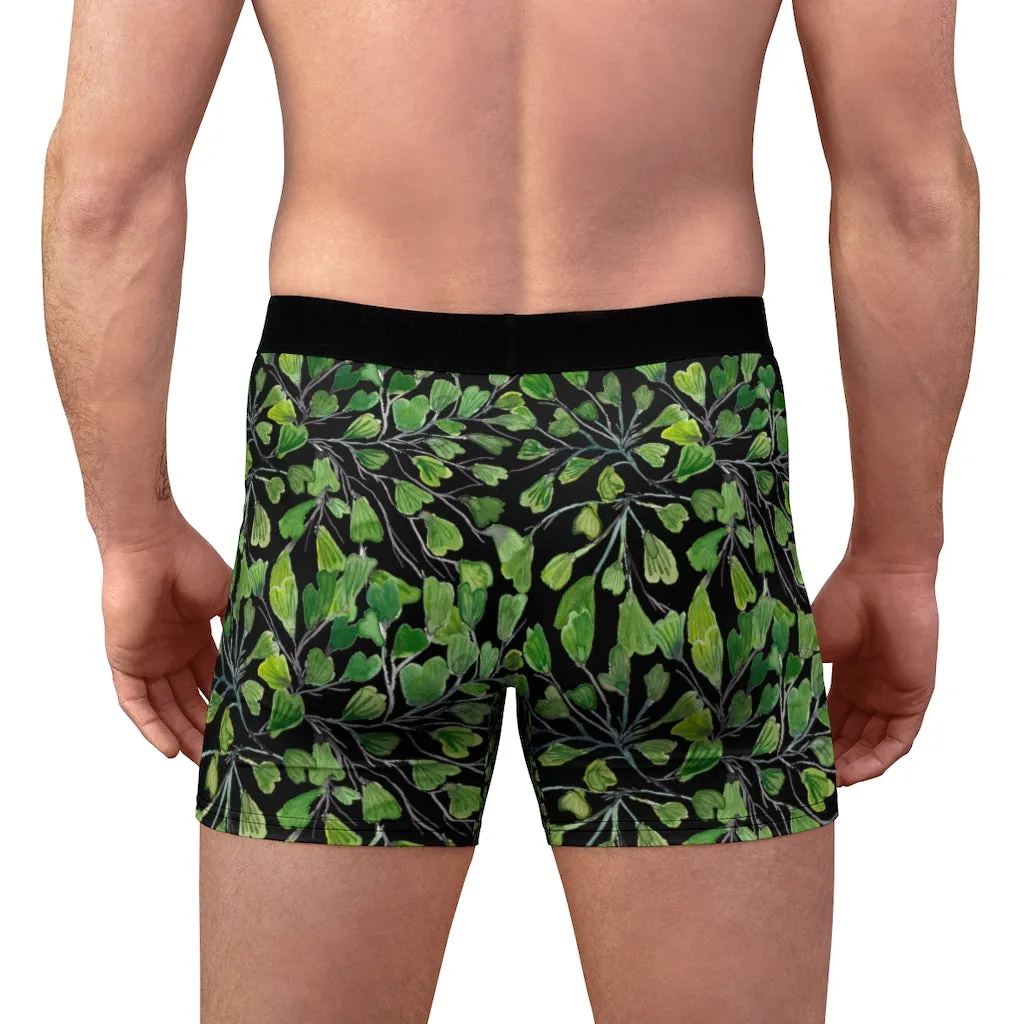 Black Maidenhair Men's Boxer Briefs, Green Tropical Fern Leaf Print Sexy Underwear For Men