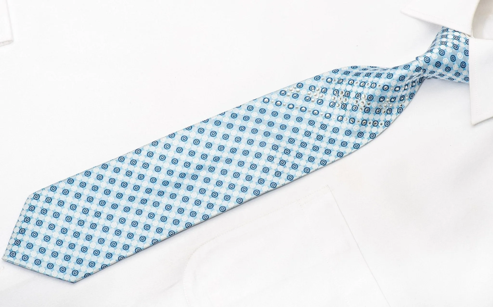 Blu Moon Men's Silk Necktie Dots On Blue Sparkling With Rhinestones