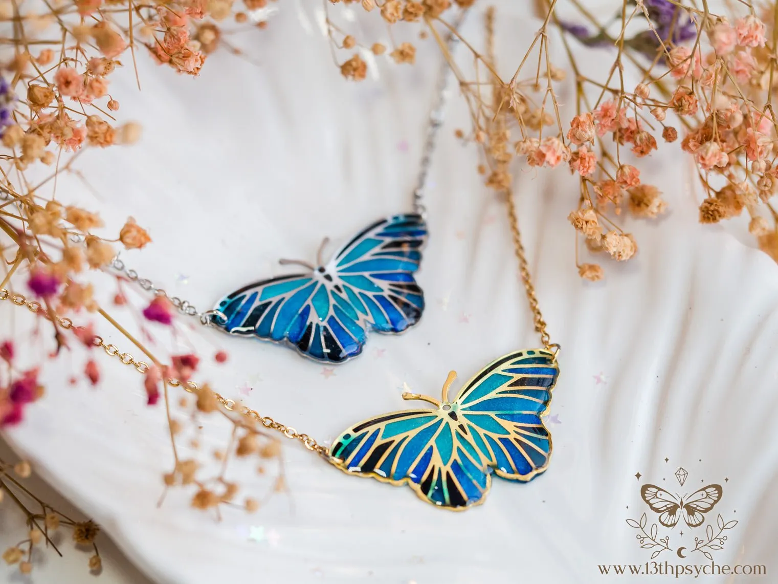 Blue butterfly choker necklace, Stained glass inspired