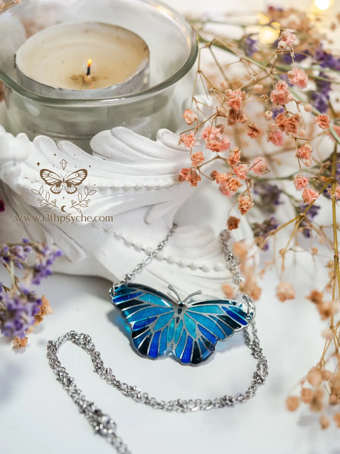 Blue butterfly choker necklace, Stained glass inspired