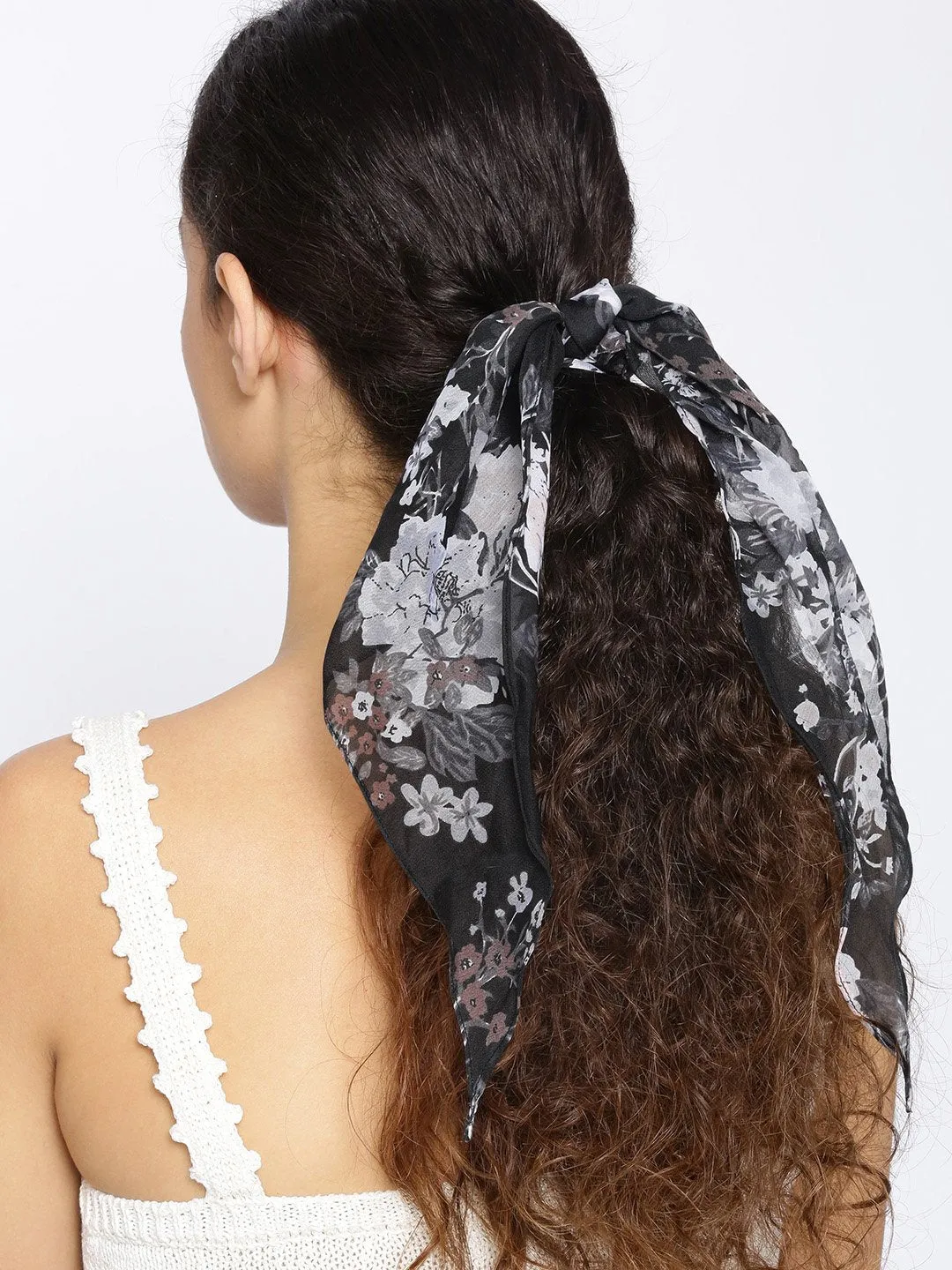 Blueberry black colour floral printed scrunchie