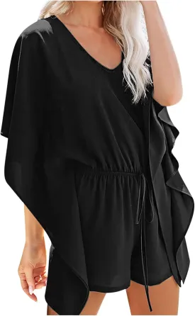 Boho V Neck Romper for Women Summer Batwing Sleeve Chiffon Flowy Shorts Jumpsuits Drawstring Waist Solid Casual Playsuits