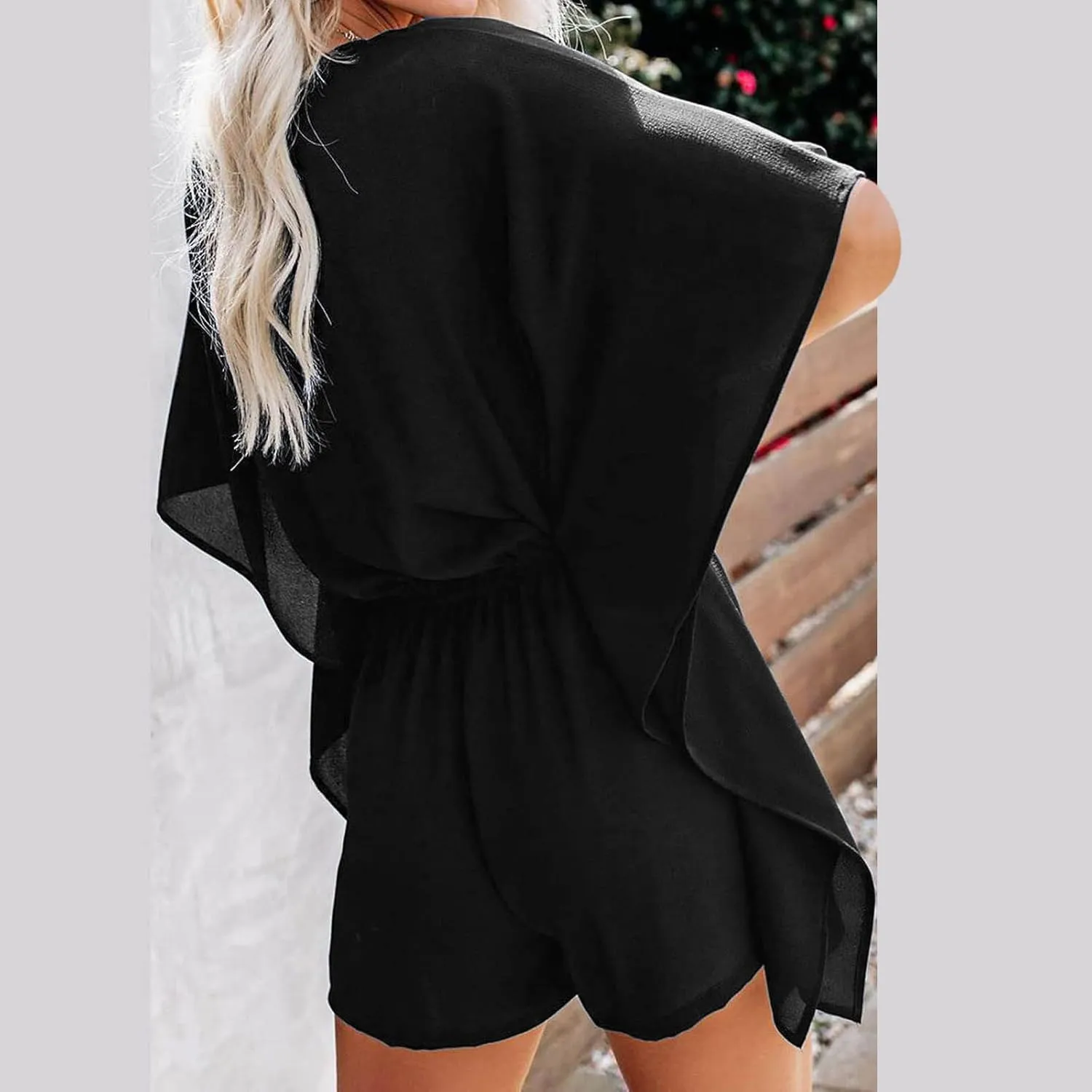 Boho V Neck Romper for Women Summer Batwing Sleeve Chiffon Flowy Shorts Jumpsuits Drawstring Waist Solid Casual Playsuits