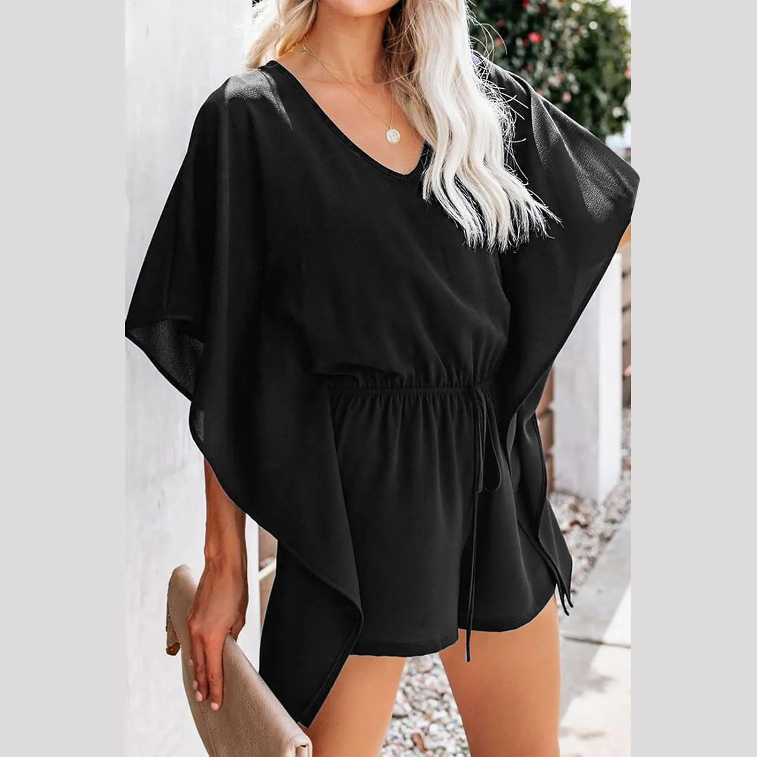Boho V Neck Romper for Women Summer Batwing Sleeve Chiffon Flowy Shorts Jumpsuits Drawstring Waist Solid Casual Playsuits