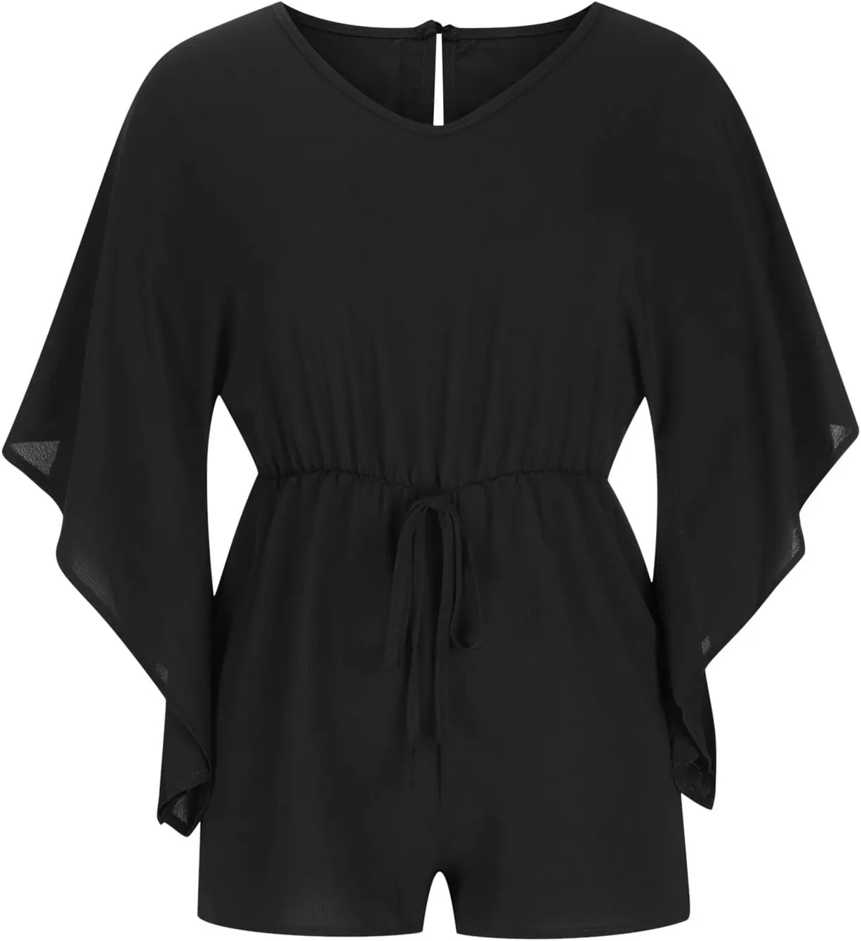 Boho V Neck Romper for Women Summer Batwing Sleeve Chiffon Flowy Shorts Jumpsuits Drawstring Waist Solid Casual Playsuits