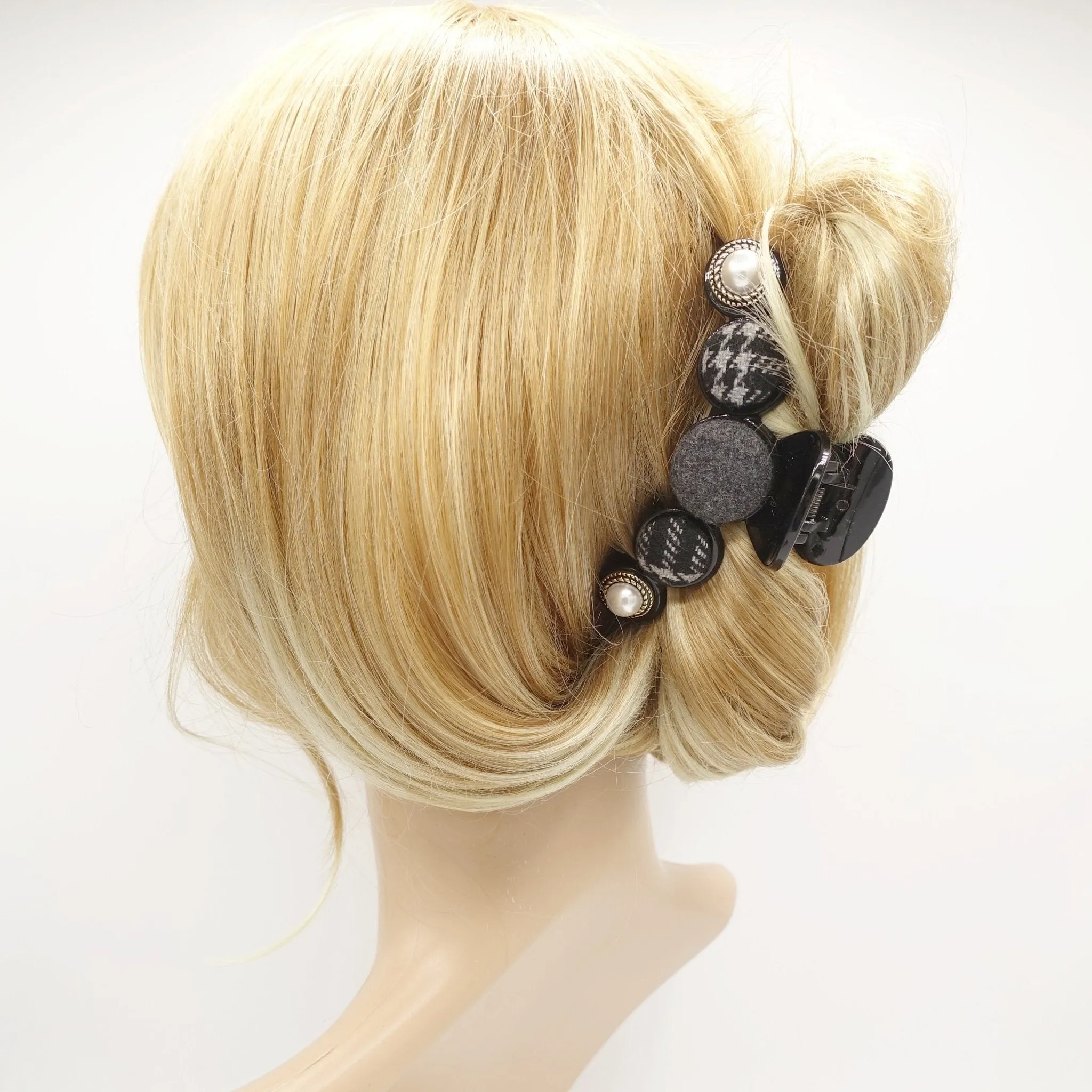 button hair claw woolen fabric pearl button embellished hair clamp updo hair accessory for women