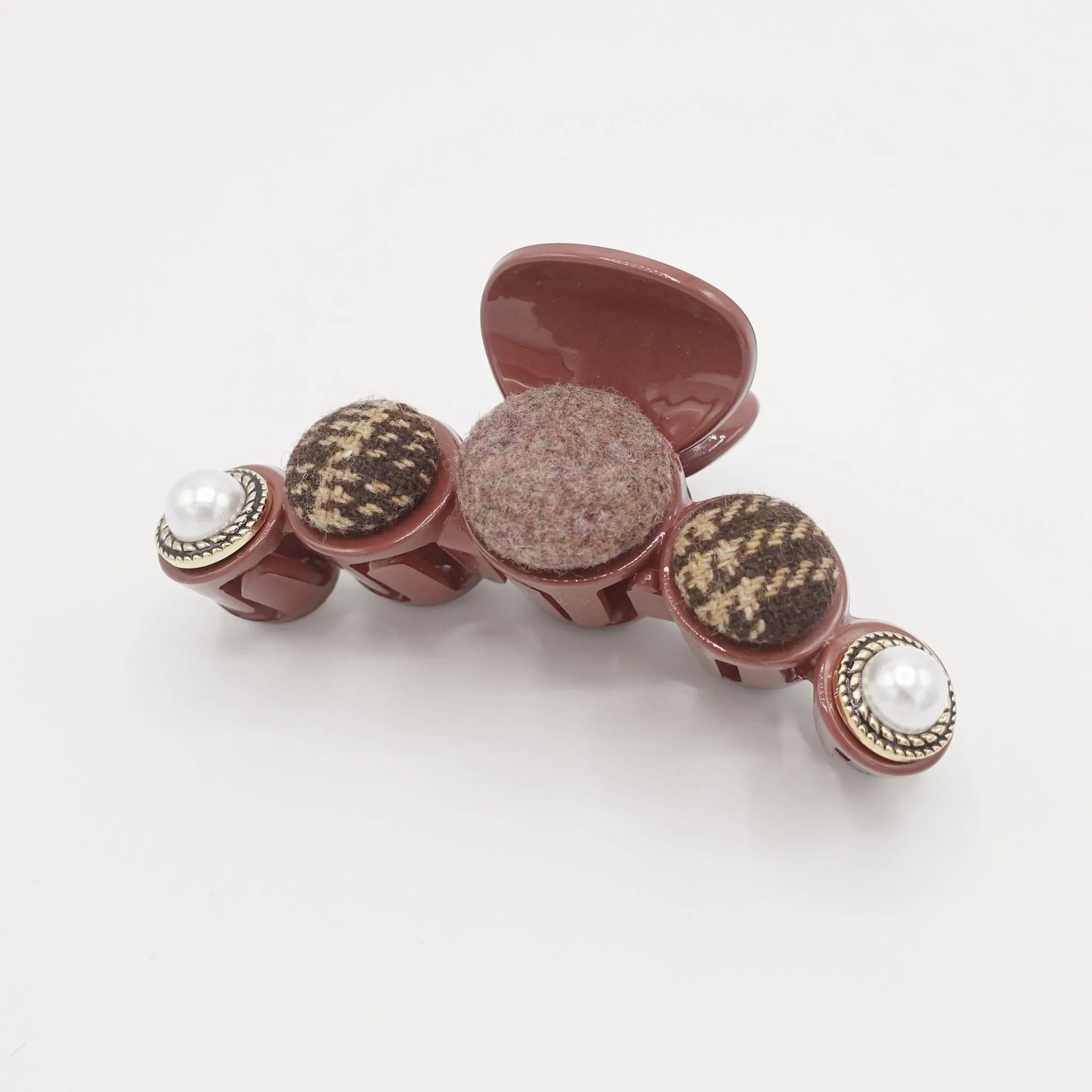 button hair claw woolen fabric pearl button embellished hair clamp updo hair accessory for women