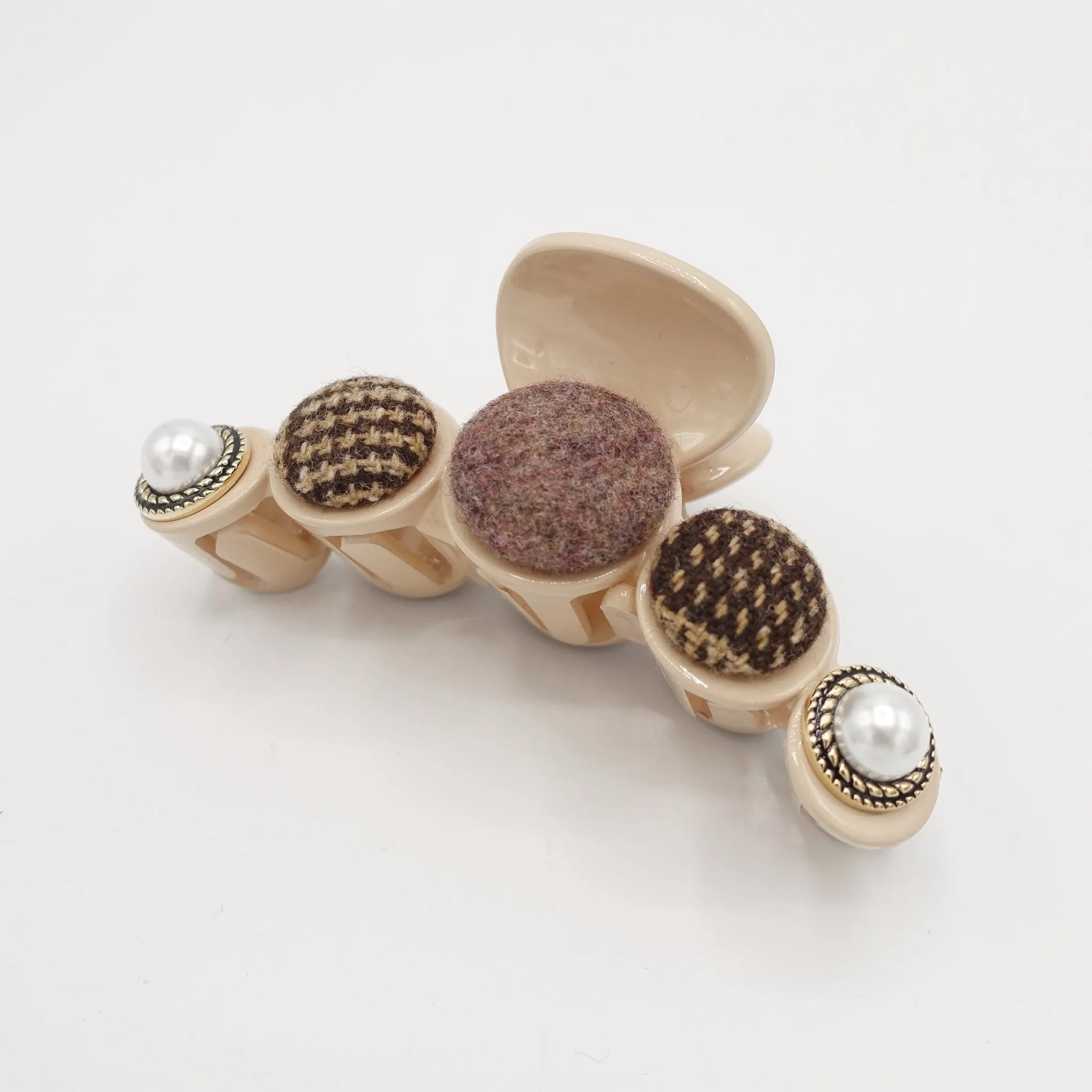 button hair claw woolen fabric pearl button embellished hair clamp updo hair accessory for women