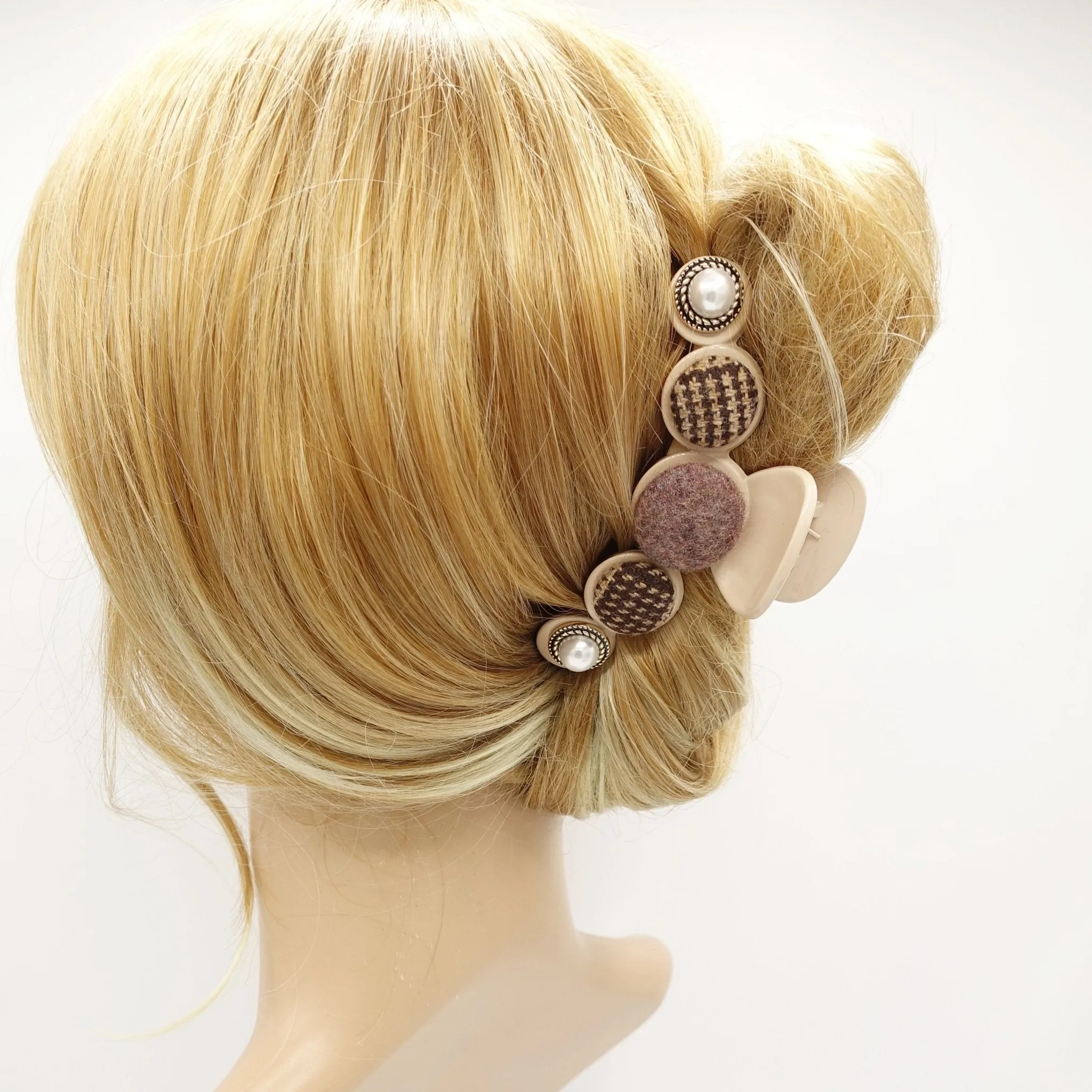 button hair claw woolen fabric pearl button embellished hair clamp updo hair accessory for women