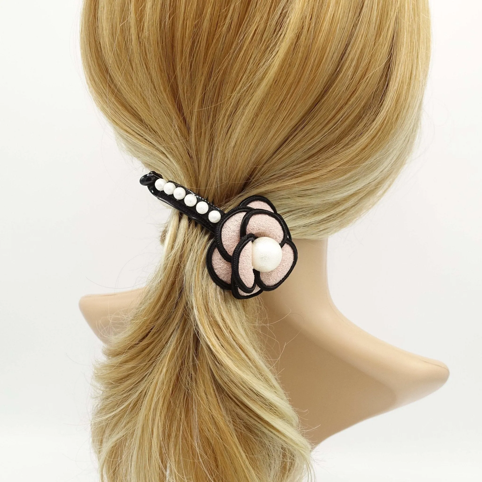 camellia flower white pearl ball embellished half moon hair clip