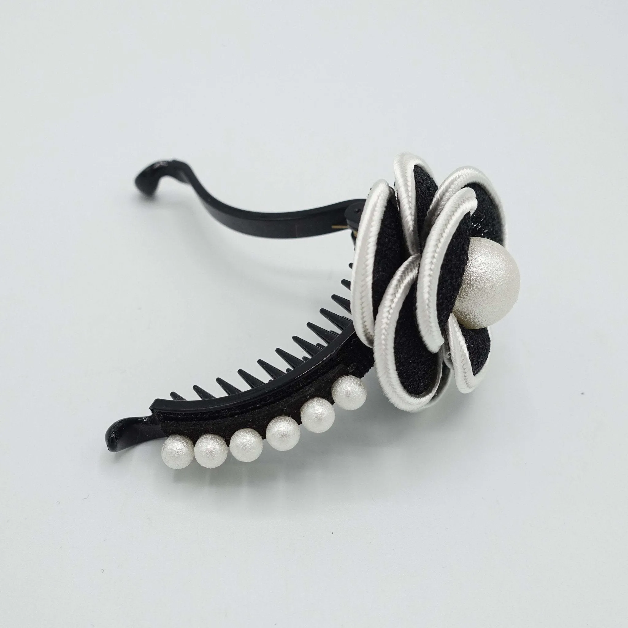 camellia flower white pearl ball embellished half moon hair clip