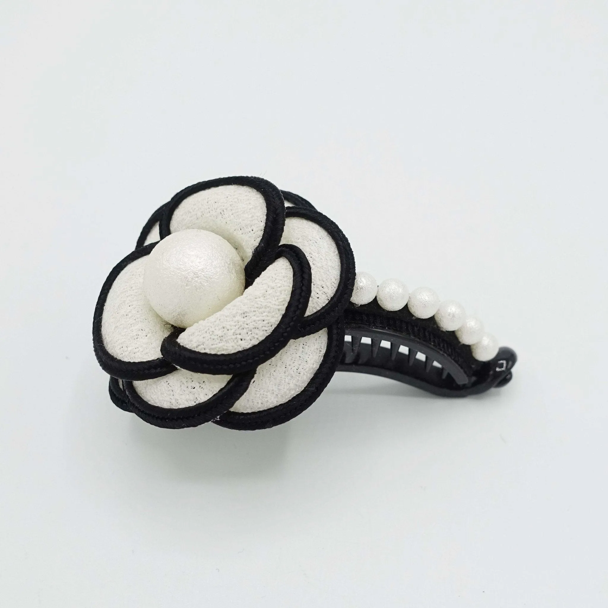 camellia flower white pearl ball embellished half moon hair clip
