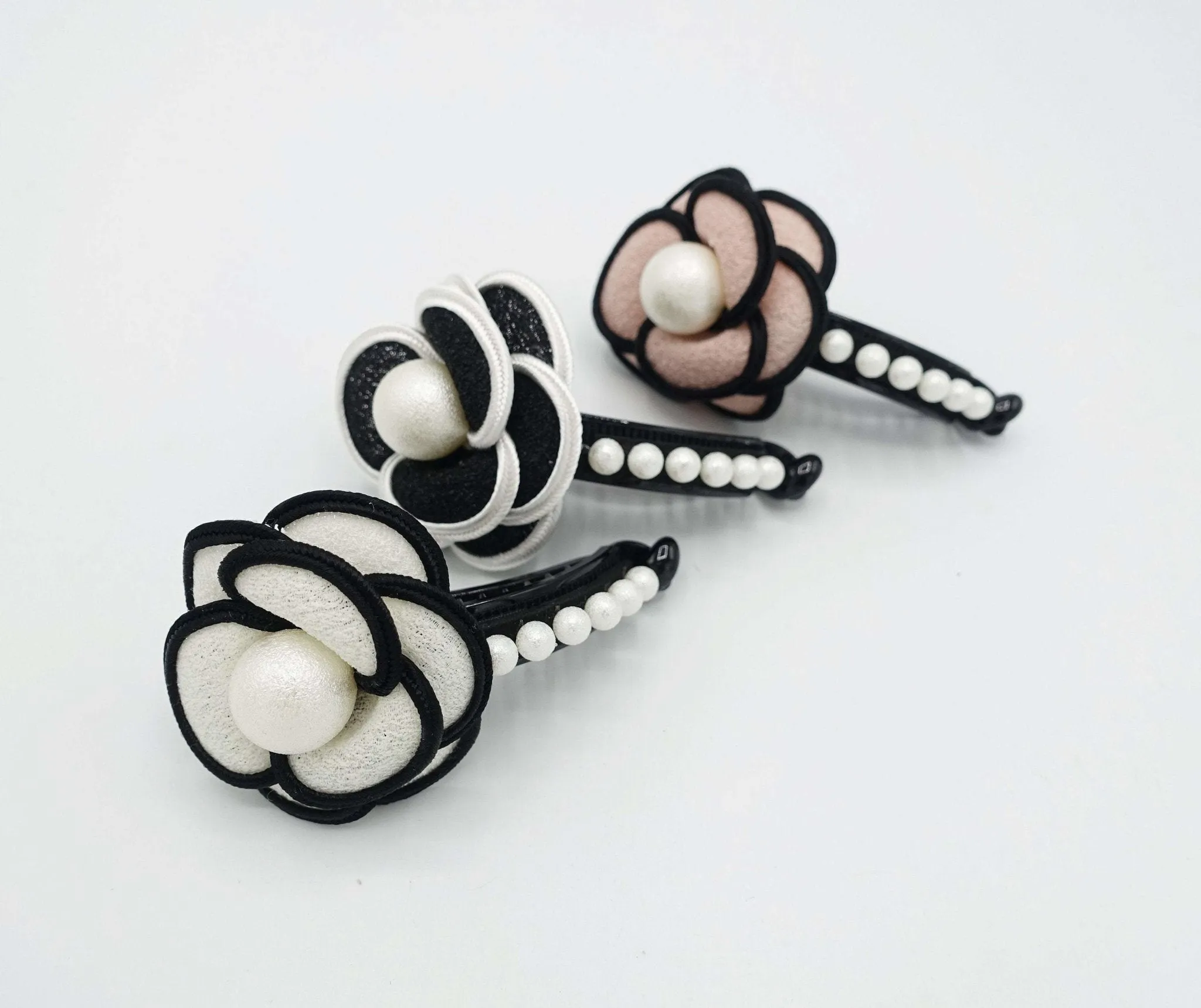 camellia flower white pearl ball embellished half moon hair clip