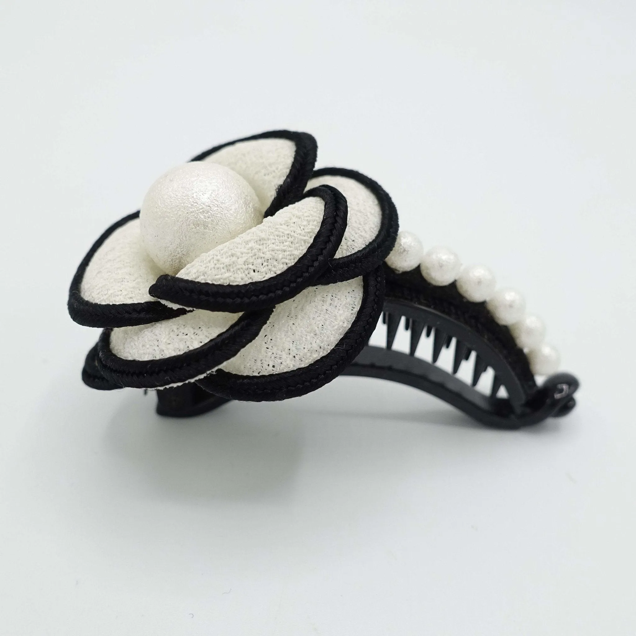 camellia flower white pearl ball embellished half moon hair clip