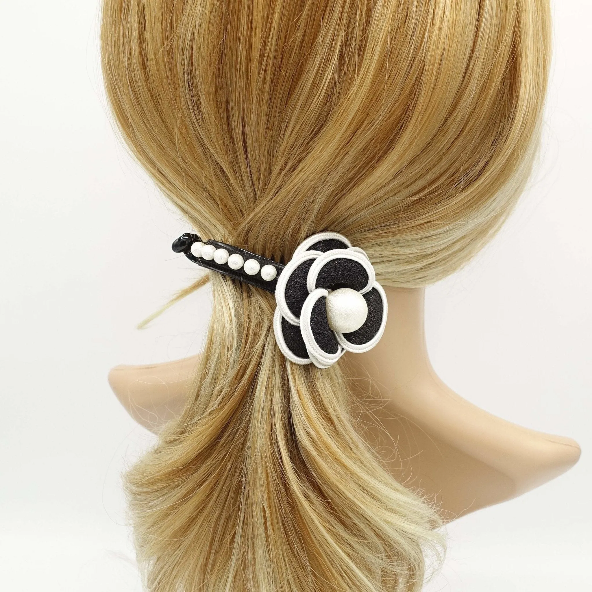camellia flower white pearl ball embellished half moon hair clip