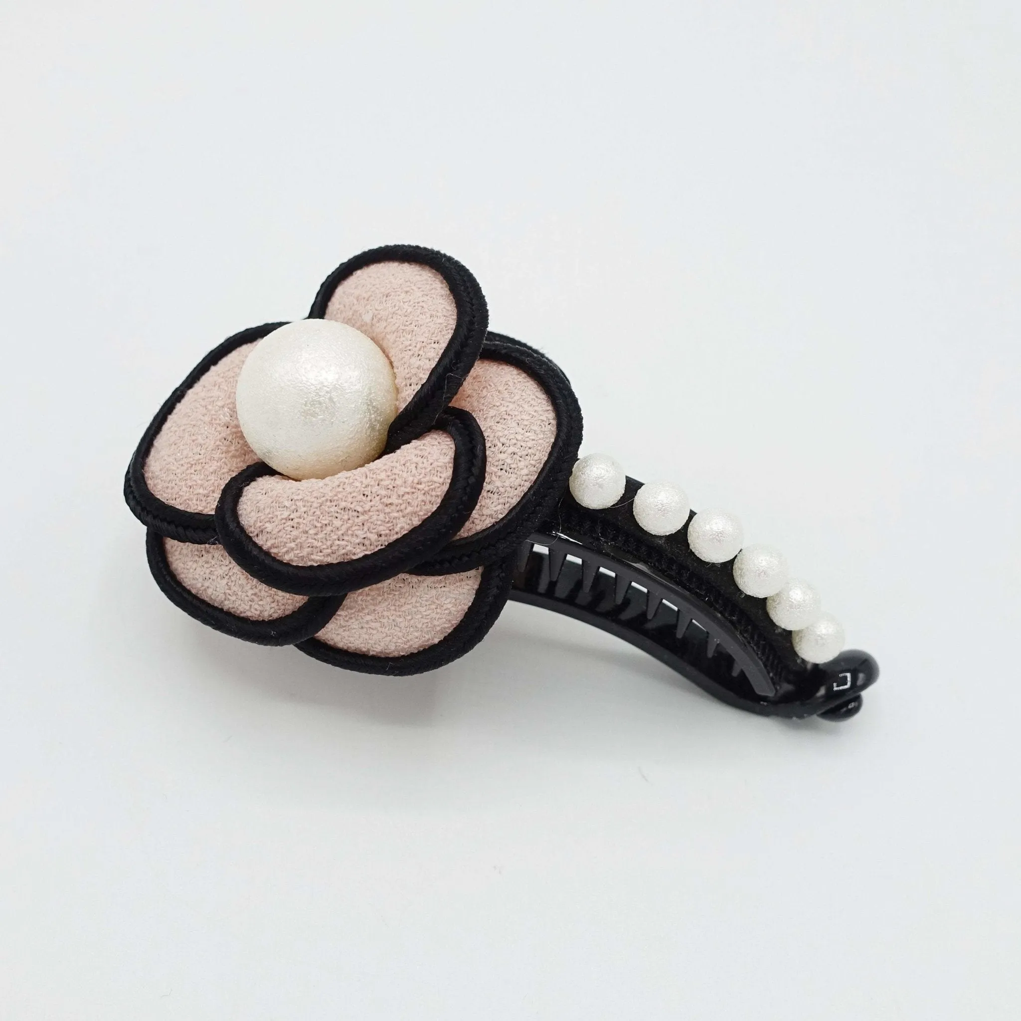 camellia flower white pearl ball embellished half moon hair clip