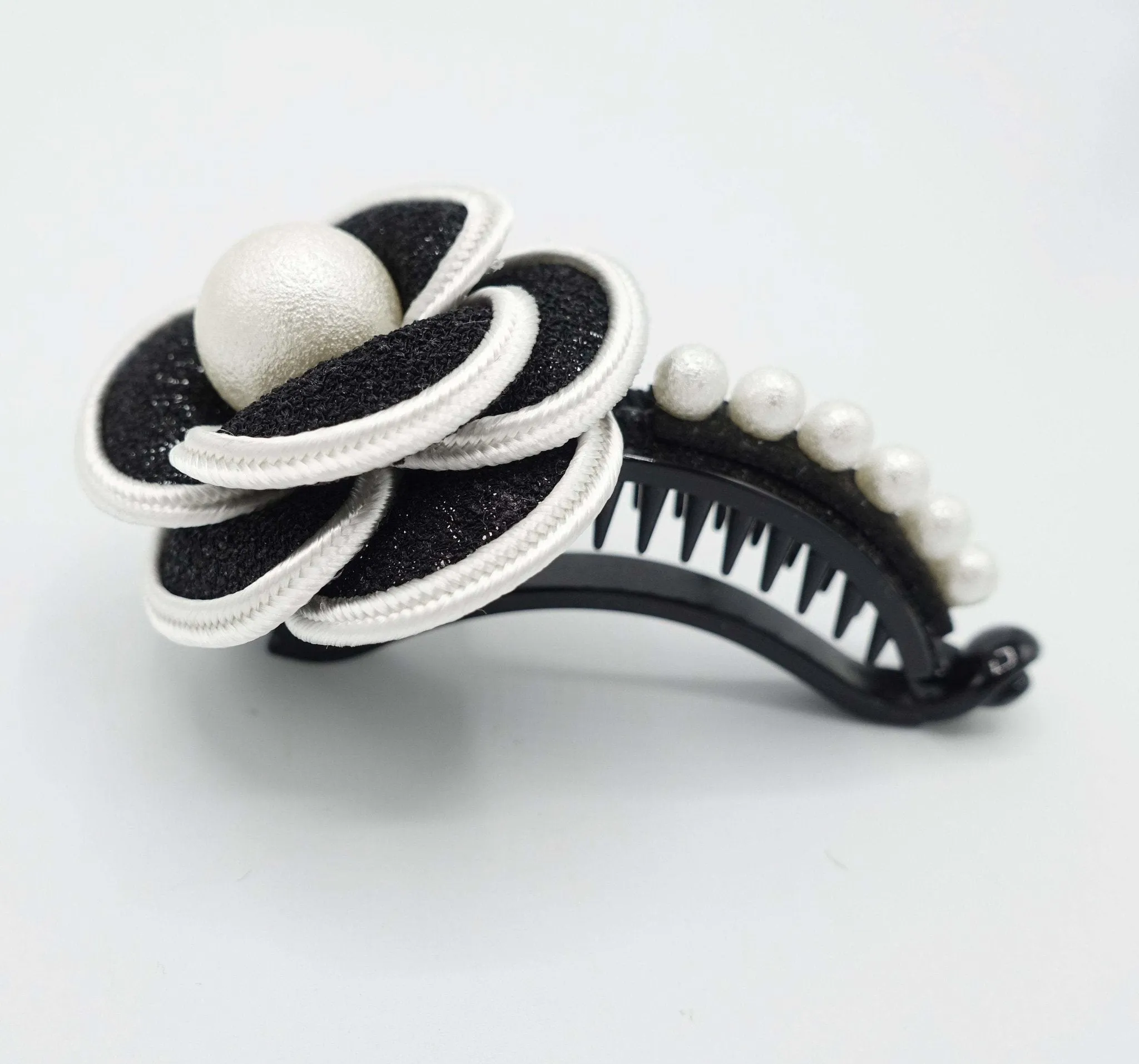 camellia flower white pearl ball embellished half moon hair clip