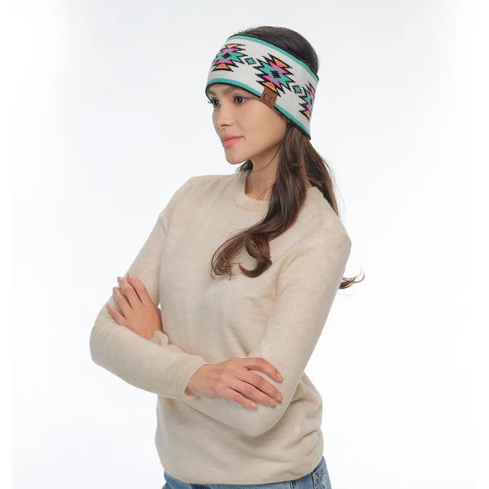 C.C Southwest Pattern Headwrap For Women Unisex - Stretchable Soft Warm Knit Winter Headband Ear warmer Ear muffs (Ivory)