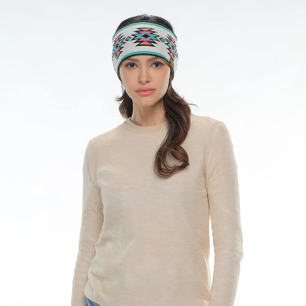 C.C Southwest Pattern Headwrap For Women Unisex - Stretchable Soft Warm Knit Winter Headband Ear warmer Ear muffs (Ivory)