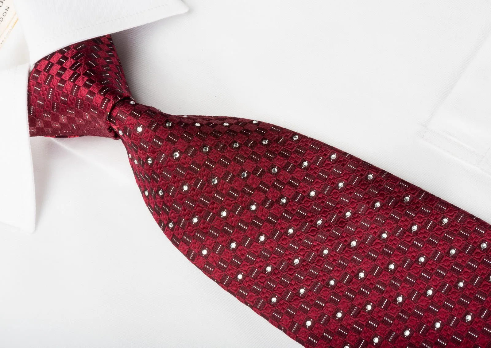 Christian Aujard Rhinestone Silk Necktie Burgundy With Silver Sparkles