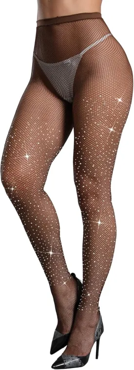 CHRLEISURE Women's Sparkle Rhinestone Fishnets, Sexy Sparkly Glitter Party Concert Outfit Fishnet Stockings