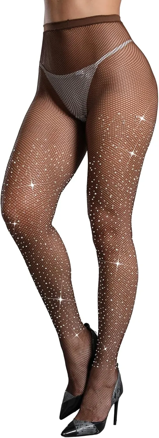 CHRLEISURE Women's Sparkle Rhinestone Fishnets, Sexy Sparkly Glitter Party Concert Outfit Fishnet Stockings
