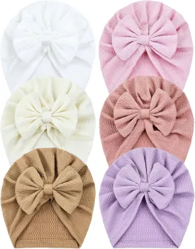 Cinaci 6 Pack Soft Turban Hats with Bow Donut Nursery Hospital Caps Beanies Bonnets for Baby Girls Newborns Infants Toddlers