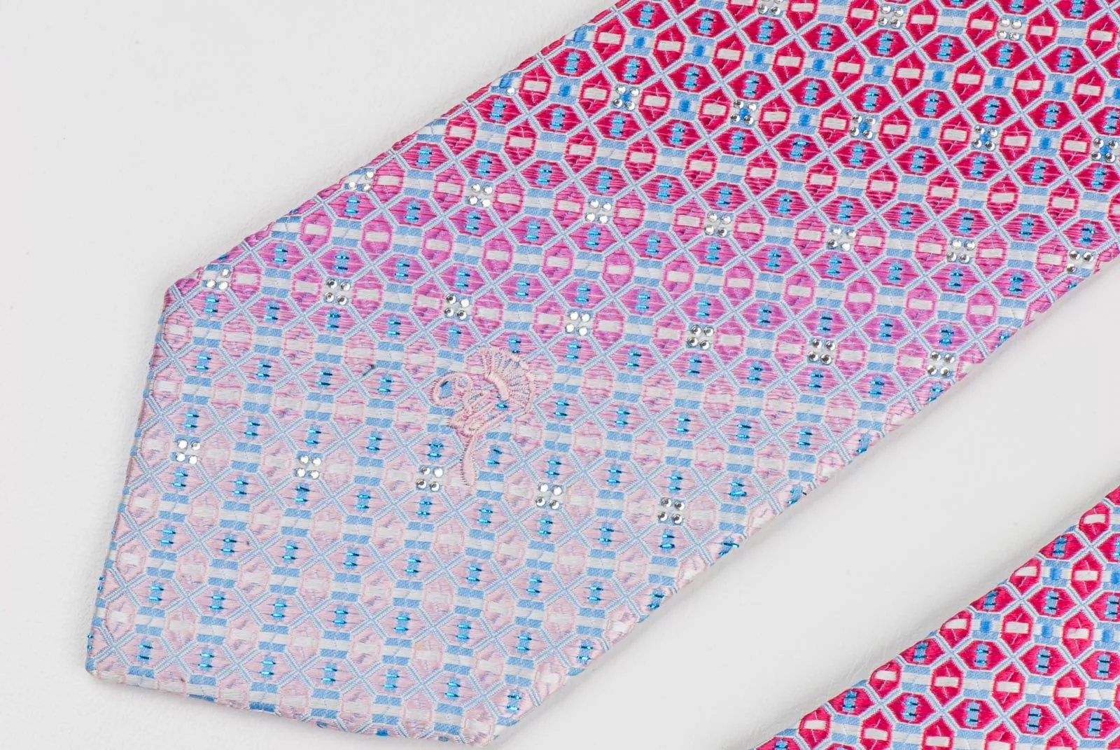 Countess Mara Silk Necktie Interlocking Trellis Blue Sparkles & Rhinestones