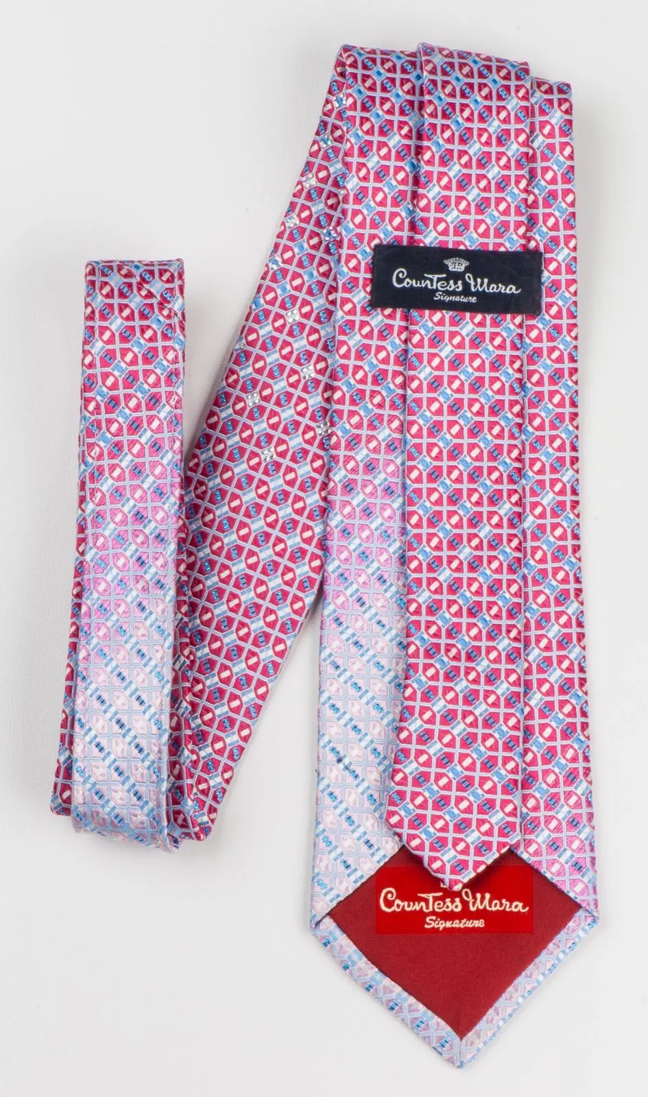 Countess Mara Silk Necktie Interlocking Trellis Blue Sparkles & Rhinestones