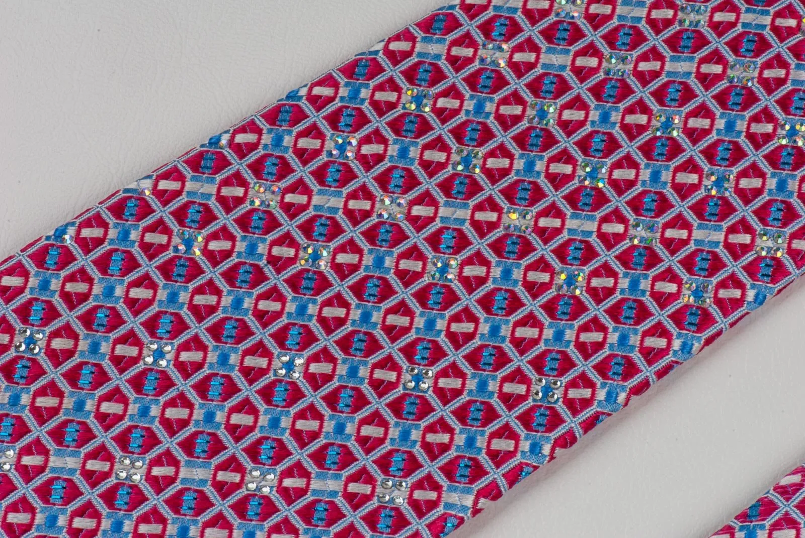 Countess Mara Silk Necktie Interlocking Trellis Blue Sparkles & Rhinestones