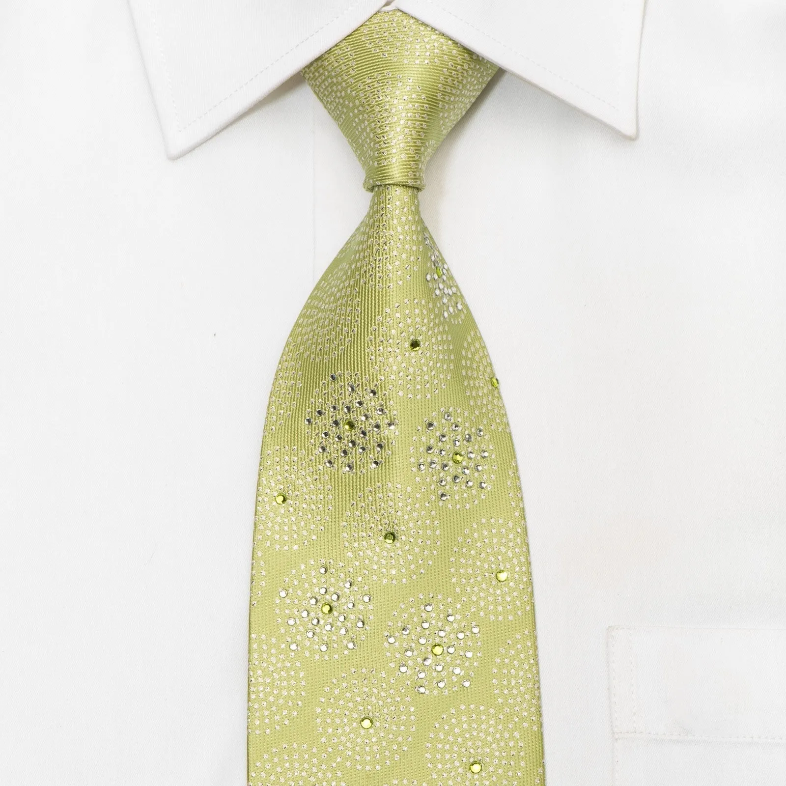 Cravatte Men's Rhinestone Silk Necktie Silver Circles On Green With Silver Sparkles